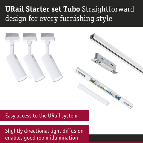 Paulmann URail Spotlight för strömskenor Tubo Startset 3x150lm 3x4W 3000K dimbar 230V Signal vit