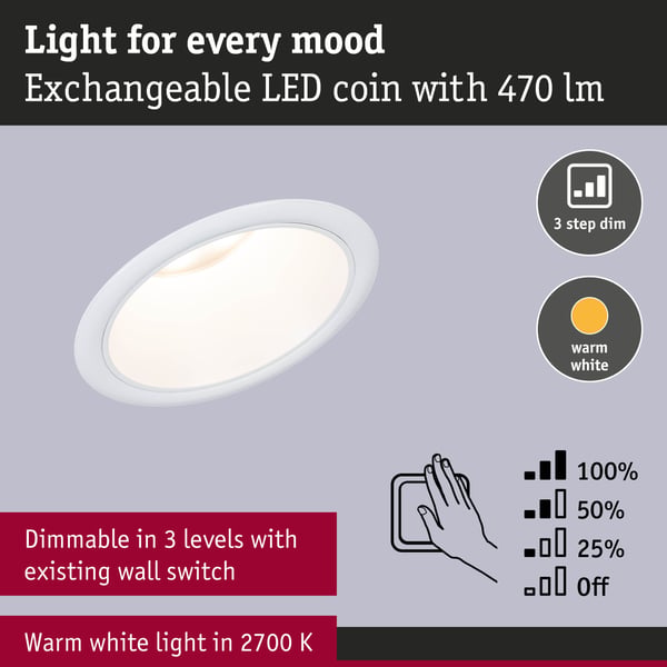 Paulmann Set Infälld LED lampa Cole Coin IP44 88 mm Coin 6x6W 6x470lm 230V dimbar 2700K Vit matt