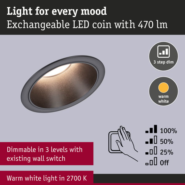 Paulmann Set Infälld LED lampa Cole Coin IP44 88 mm Coin 6x6W 6x470lm 230V dimbar 2700K Svart matt