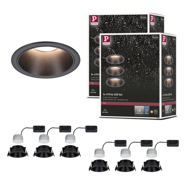 Paulmann Set Infälld LED lampa Cole Coin IP44 88 mm Coin 6x6W 6x470lm 230V dimbar 2700K Svart matt