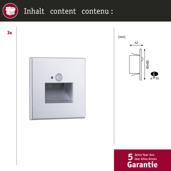 Paulmann Set LED infälld vägglampa Edge 80x80 mm 3x1,2W 3x25lm 230V 2700K Krom matt
