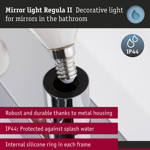 Paulmann Set Spegellampa Regula II inkl. glödlampa IP44 E14 2700K 3x440lm 230V 3x4,8W dimbar Krom, Toppreflektor silver
