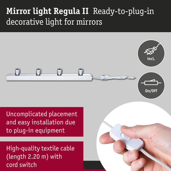 Paulmann Set Spegellampa Regula II inkl. glödlampa E14 2700K 4x220lm 230V 4x2,6W dimbar Krom, Toppreflektor silver