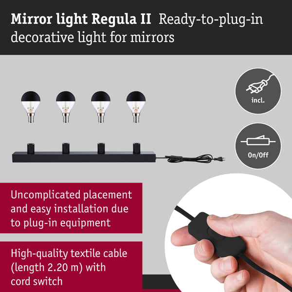 Paulmann Set Spegellampa Regula II inkl. glödlampa E14 2700K 4x250lm 230V 4x2,5W dimbar Svart, Toppreflektor svart matt