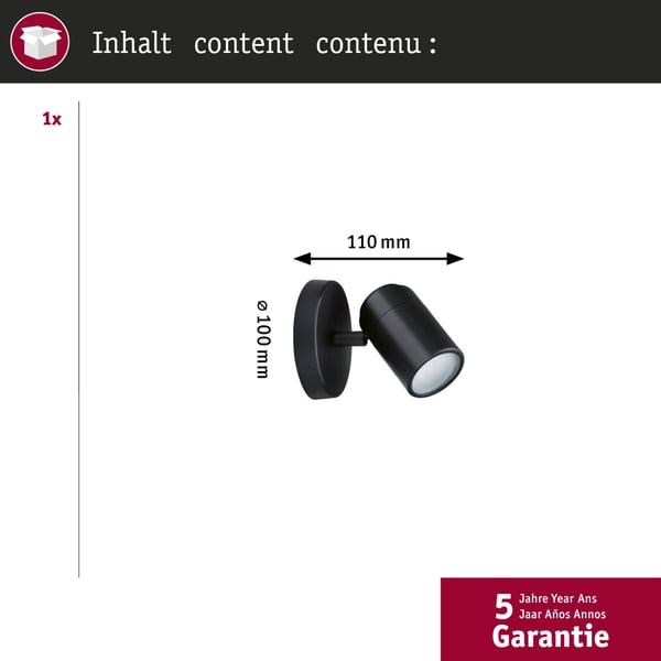 Paulmann Strålkastare Zyli IP44 GU10 230V max. 10W dimbar Svart matt