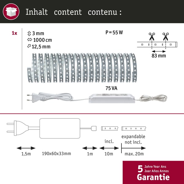 Paulmann MaxLED 500 LED remsa Baspaket 10m dagsljusvit 50W 550lm/m 6500K 75VA