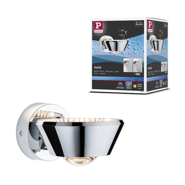 Paulmann LED vägglampa Sabik IP44 2700K 570lm / 360lm 230V 9W / 4,5W dimbar Krom Paulmann LED vägglampa Sabik IP44 2700K 570lm / 360lm 230V 9W / 4,5W dimbar Krom