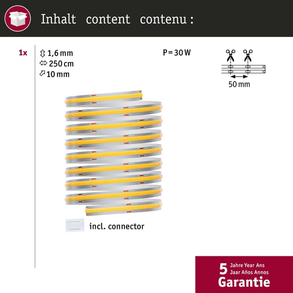 Paulmann MaxLED 1000 LED remsa Enkelstripe COB 2,5m Varmvitt 2,5m 30W 1080lm/m 528 LEDs/m 2700K