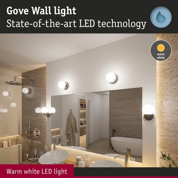Paulmann Selection Bathroom LED vägglampa Gove IP44 3000K 400lm 230V 5W Krom, Satin