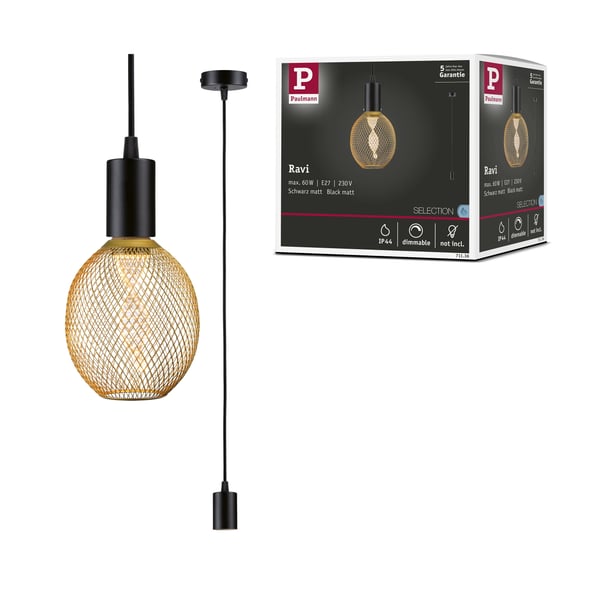 Pendellampa Ravi IP44 E27 max. 60W Svart matt dimbar