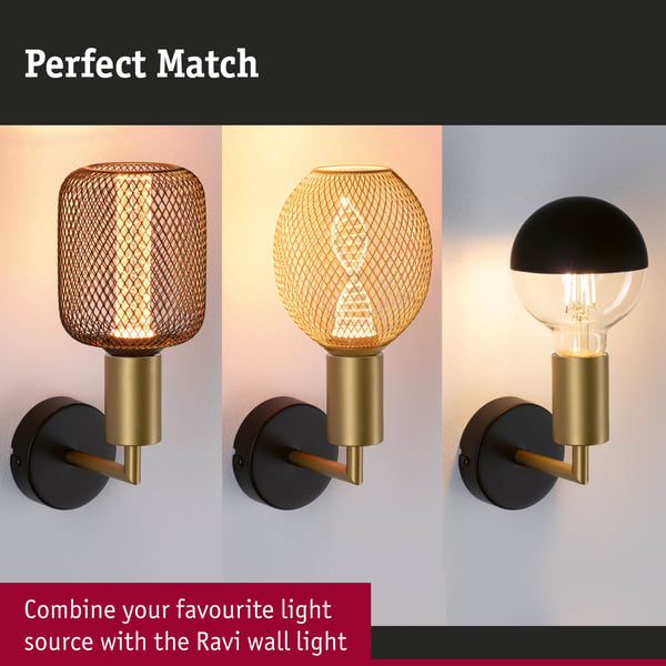 Paulmann Vägglampa Ravi IP44 E27 max. 60W Svart matt, Guld dimbar