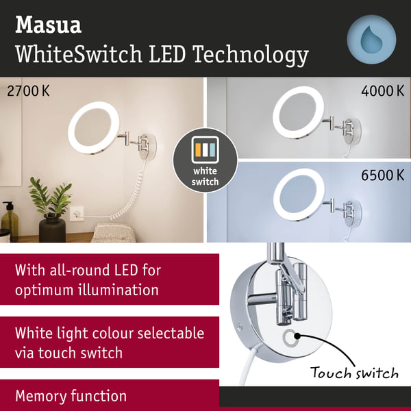 Paulmann LED sminkspegel Masua IP44 White Switch 55lm 230V 4W Krom