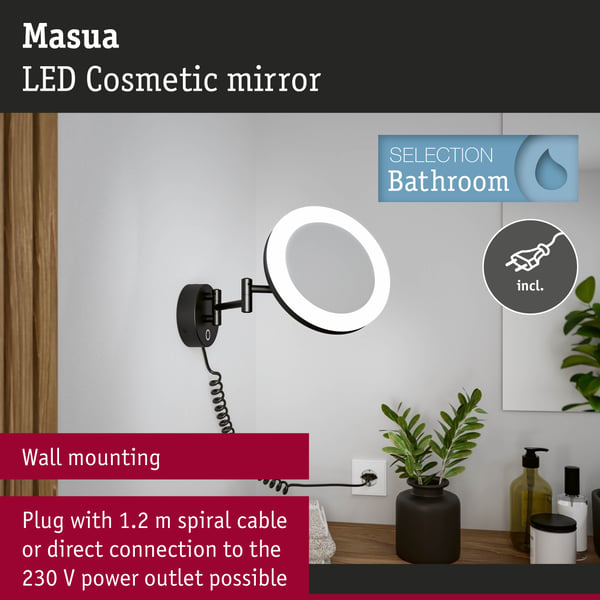 Paulmann LED sminkspegel Masua IP44 White Switch 55lm 230V 4W Svart matt