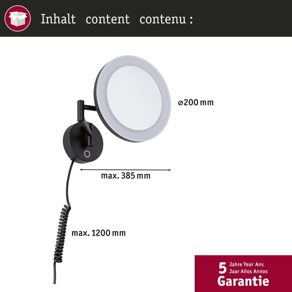 Paulmann LED sminkspegel Masua IP44 White Switch 55lm 230V 4W Svart matt