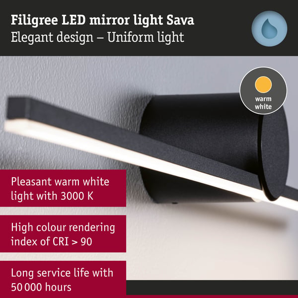Paulmann LED spegellampa Sava IP44 3000K 250lm 230V 4,2W Svart matt