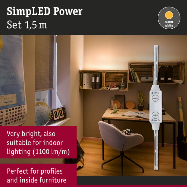 Paulmann SimpLED Power LED remsa Varmvit inkl. dimmer/switch 1,5m belagd 17W 1100lm/m 72 LEDs/m 3000K 24VA