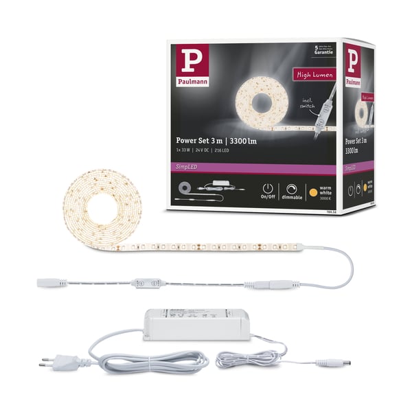 Paulmann SimpLED Power LED remsa Varmvit inkl. dimmer/switch 3m belagd 33W 1100lm/m 72 LEDs/m 3000K 48VA Paulmann SimpLED Power LED remsa Varmvit inkl. dimmer/switch 3m belagd 33W 1100lm/m 72 LEDs/m 3000K 48VA