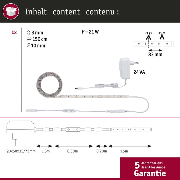 Paulmann SimpLED Power LED remsa Neutralvitt inkl. dimmer/switch Komplett set 1,5m belagd 17W 1100lm/m 72 LEDs/m 4000K 24VA