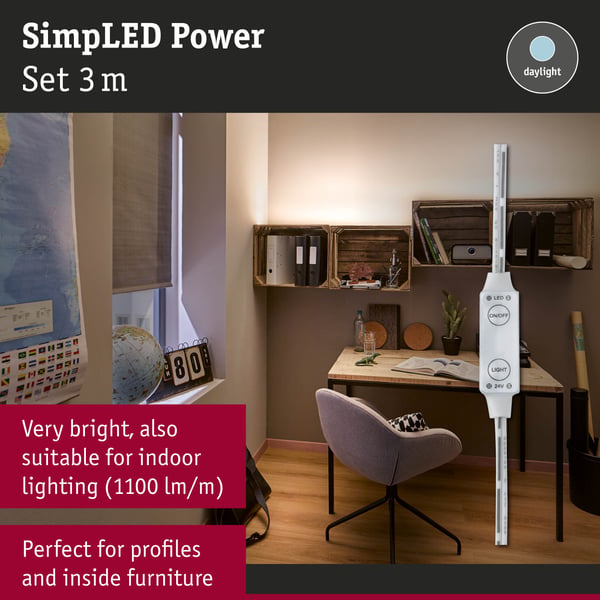 Paulmann SimpLED Power LED remsa Neutralvitt inkl. dimmer/switch Komplett set 3m belagd 33W 1100lm/m 72 LEDs/m 4000K 48VA