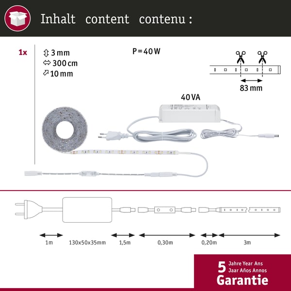 Paulmann SimpLED Power LED remsa Neutralvitt inkl. dimmer/switch Komplett set 3m belagd 33W 1100lm/m 72 LEDs/m 4000K 48VA