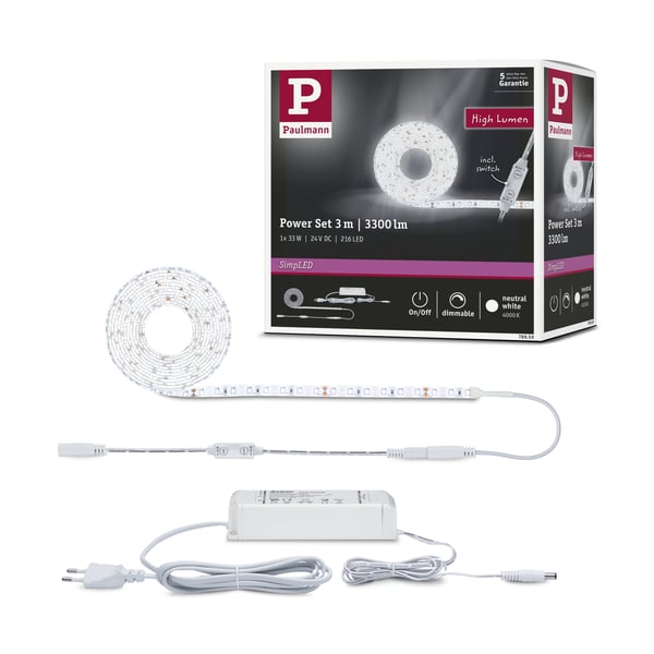 Paulmann SimpLED Power LED remsa Neutralvitt inkl. dimmer/switch Komplett set 3m belagd 33W 1100lm/m 72 LEDs/m 4000K 48VA