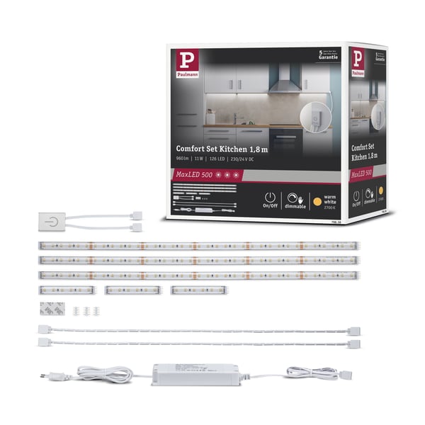 Paulmann MaxLED 500 LED remsa Baspaket Köksset 3x 1,8m belagd 3x3,1W / 3x0,6W 172lm/m 2700K 20VA Paulmann MaxLED 500 LED remsa Baspaket Köksset 3x 1,8m belagd 3x3,1W / 3x0,6W 172lm/m 2700K 20VA