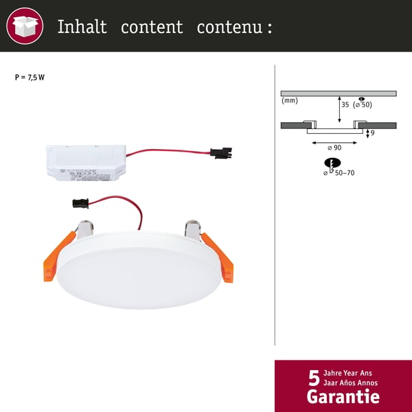 Paulmann VariFit Infälld LED panel Veluna Edge IP44 rund 90 mm 6W 450lm 3000K Vit dimbar