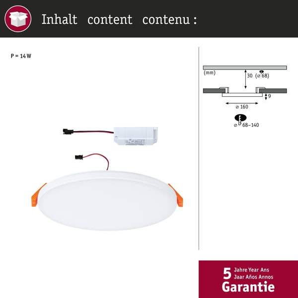 Paulmann VariFit Infälld LED panel Veluna Edge IP44 rund 160 mm 12W 1100lm 3000K Vit dimbar