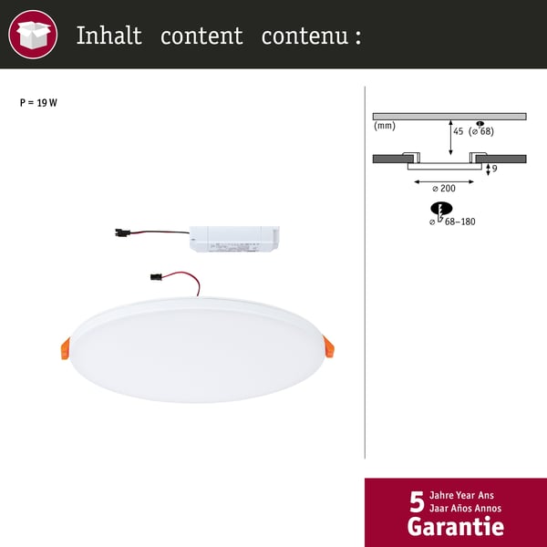 Paulmann VariFit Infälld LED panel Veluna Edge IP44 rund 200 mm 17W 1500lm 3000K Vit dimbar