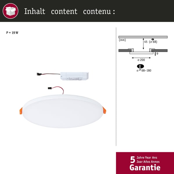 Paulmann VariFit Infälld LED panel Veluna Edge IP44 rund 200 mm 17W 1500lm 4000K Vit dimbar