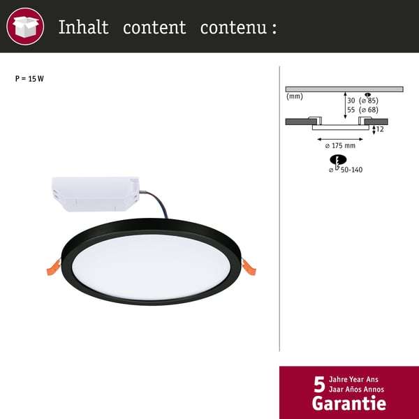 Paulmann VariFit Infälld LED panel Areo panel IP44 rund 175 mm 13W 1300lm 3000K Svart
