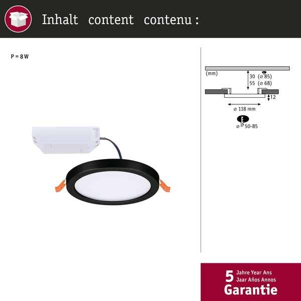 Paulmann VariFit Infälld LED panel Areo panel IP44 rund 118 mm 6,5W 550lm 4000K Svart