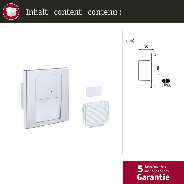 Paulmann LED infälld vägglampa Tsaro vinkelformad 80x80 mm 1W 80lm 230V 2700K Krom matt
