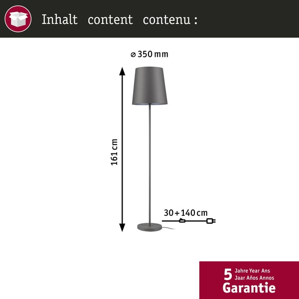Paulmann Golvlampa Stellan II E27 max. 20W Grå Metall, Tyg