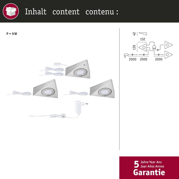 Paulmann LED lampa under skåp Trias 3x2,7W 135x132 mm 3x185lm 230/12V Järn borstat