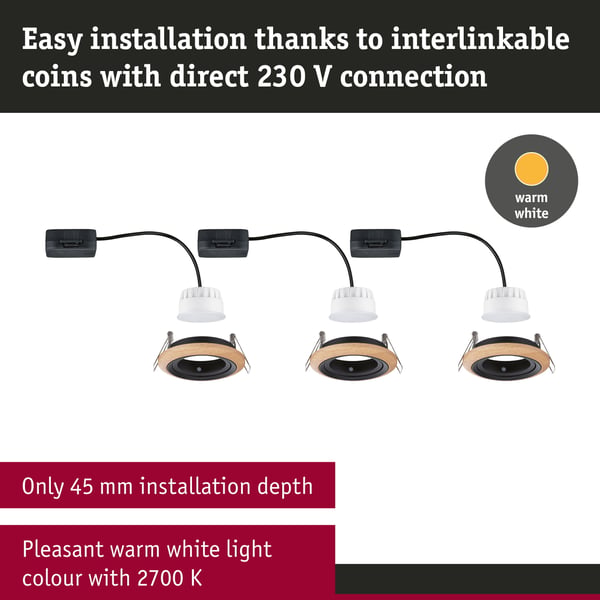 Paulmann Infälld LED lampa Lanati rund 84 mm 30° Coin 3x6W 3x470lm 230V 2700K Oljad ekfärg, Svart matt