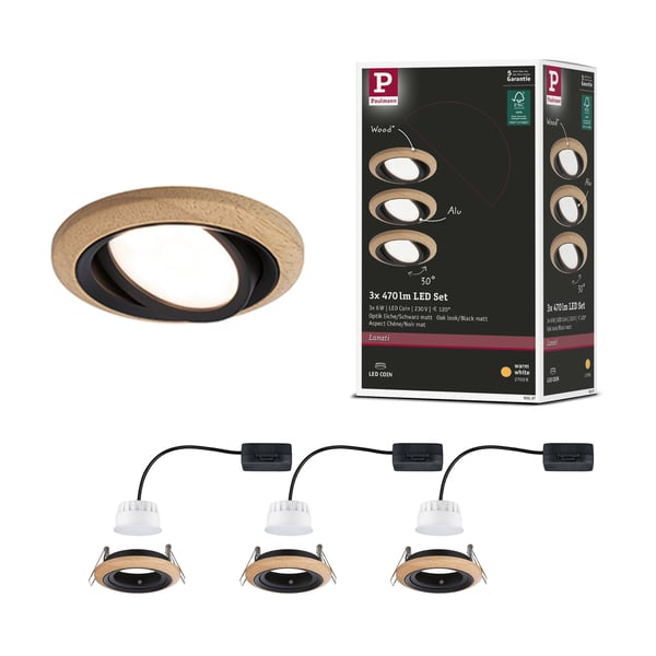 Paulmann Infälld LED lampa Lanati rund 84 mm 30° Coin 3x6W 3x470lm 230V 2700K Oljad ekfärg, Svart matt