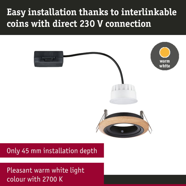 Paulmann Infälld LED lampa Lanati rund 84 mm 30° Coin 6W 470lm 230V 2700K Oljad ekfärg, Svart matt