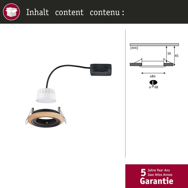 Paulmann Infälld LED lampa Lanati rund 84 mm 30° Coin 6W 470lm 230V 2700K Oljad ekfärg, Svart matt
