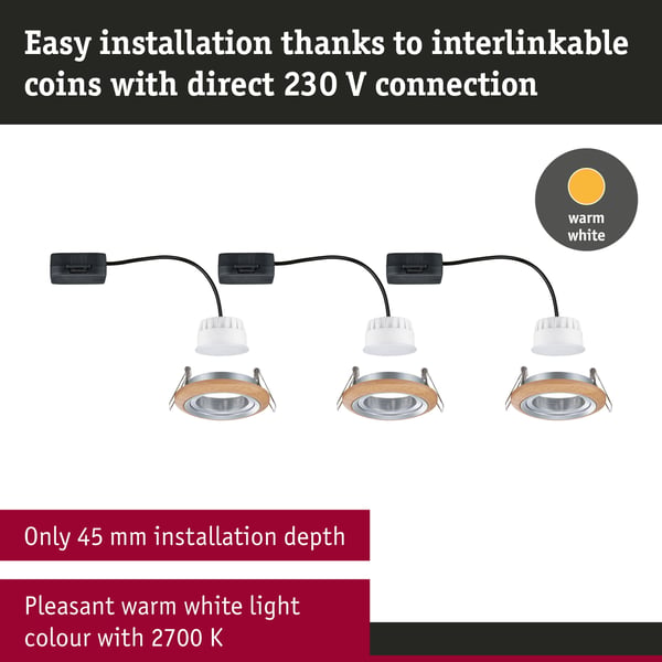 Paulmann Infälld LED lampa Lanati rund 84 mm 30° Coin 3x6W 3x470lm 230V 2700K Oljad ekfärg, Aluminium vriden