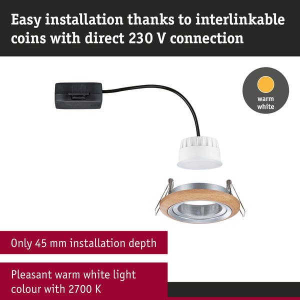 Paulmann Infälld LED lampa Lanati rund 84 mm 30° Coin 6W 470lm 230V 2700K Oljad ekfärg, Aluminium vriden