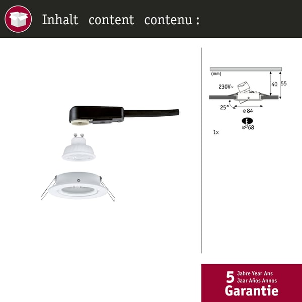 Paulmann Infälld LED lampa Nova GU10 Flat svängbar 4,9W 550lm 230V 2700K Vit matt