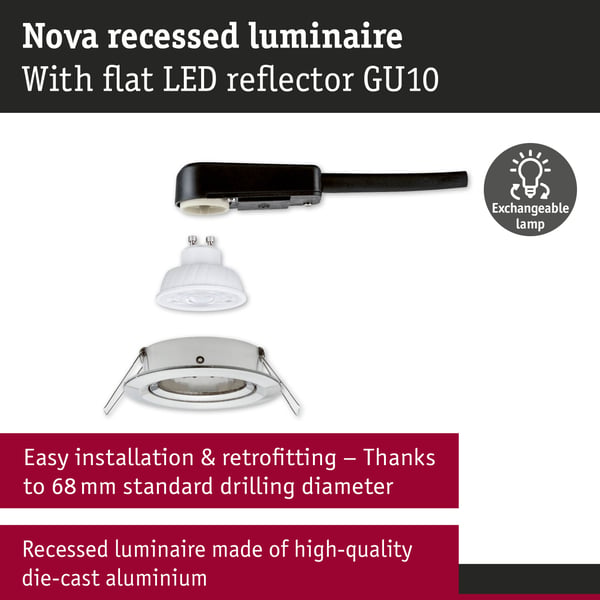 Paulmann Infälld LED lampa Nova GU10 Flat svängbar 4,9W 550lm 230V 2700K Järn borstat