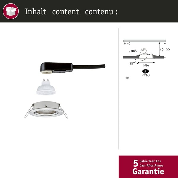Paulmann Infälld LED lampa Nova GU10 Flat svängbar 4,9W 550lm 230V 2700K Järn borstat