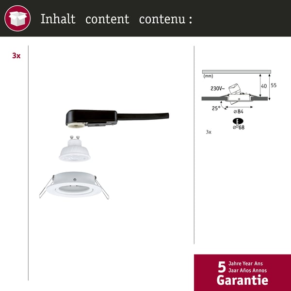 Paulmann Infälld LED lampa Nova GU10 Flat svängbar 3x4,9W 3x550lm 230V 2700K Vit matt