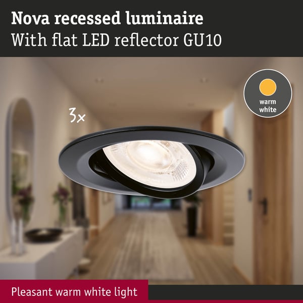 Paulmann Infälld LED lampa Nova GU10 Flat svängbar 3x4,9W 3x550lm 230V 2700K Svart matt