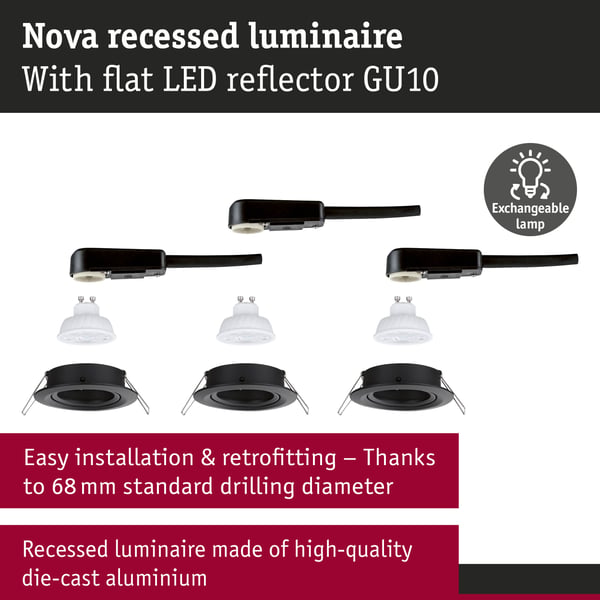 Paulmann Infälld LED lampa Nova GU10 Flat svängbar 3x4,9W 3x550lm 230V 2700K Svart matt