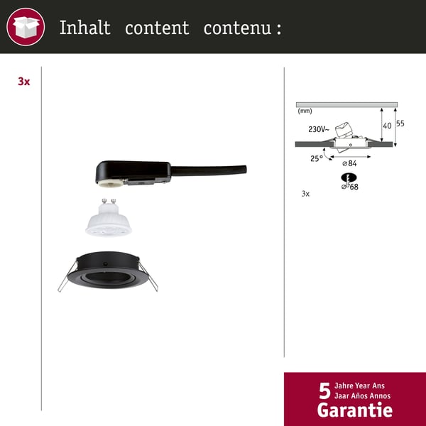 Paulmann Infälld LED lampa Nova GU10 Flat svängbar 3x4,9W 3x550lm 230V 2700K Svart matt