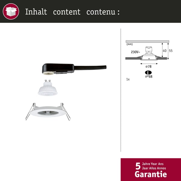 Paulmann Infälld LED lampa Nova GU10 Flat styv IP44 4,9W 550lm 230V 2700K Vit matt
