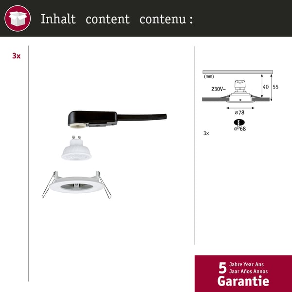 Paulmann Infälld LED lampa Nova GU10 Flat styv IP44 3x4,9W 3x550lm 230V 4000K Vit matt